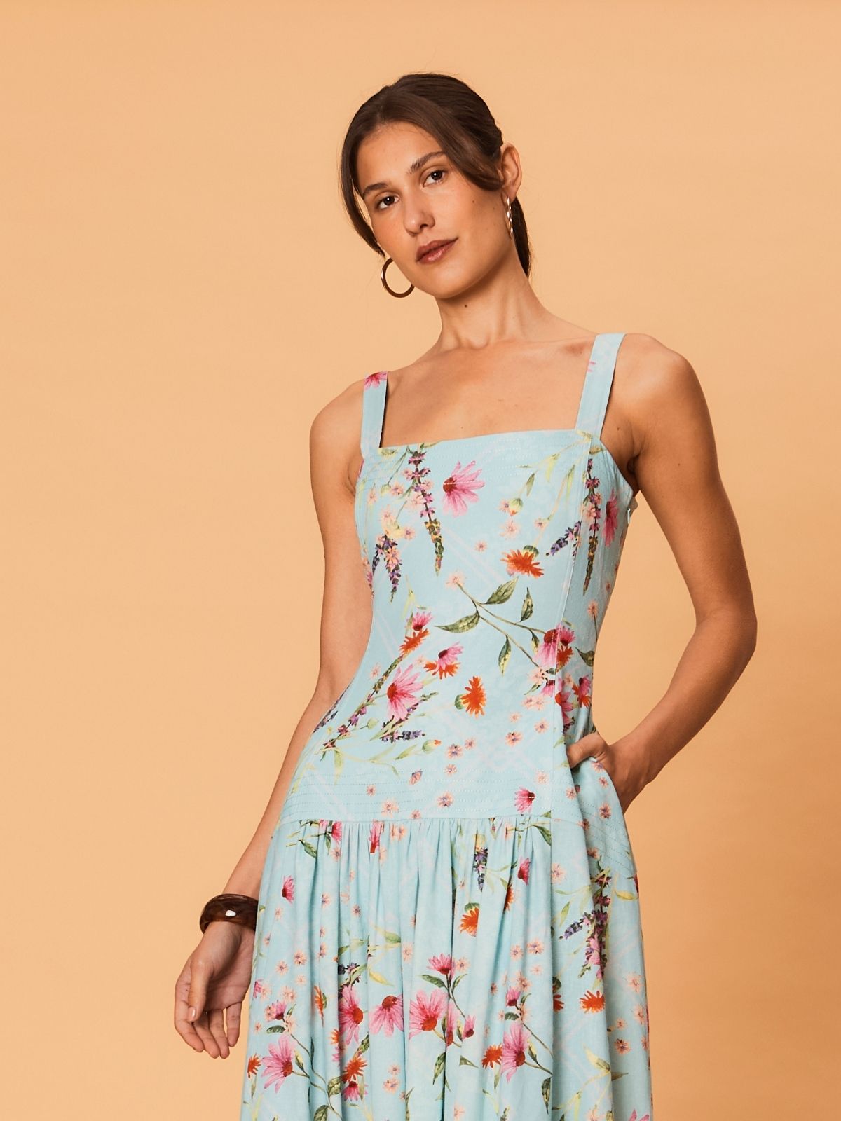 Close-up of Diana Maxi Dress bodice featuring delicate floral print and structured square neckline.